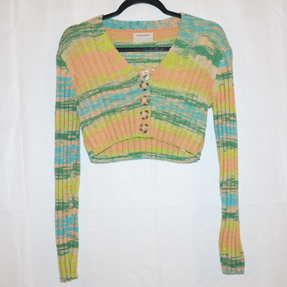 Urban Outfitters V-Neck Space-Dye Cropped Ribbed Cardigan-Multicolored.